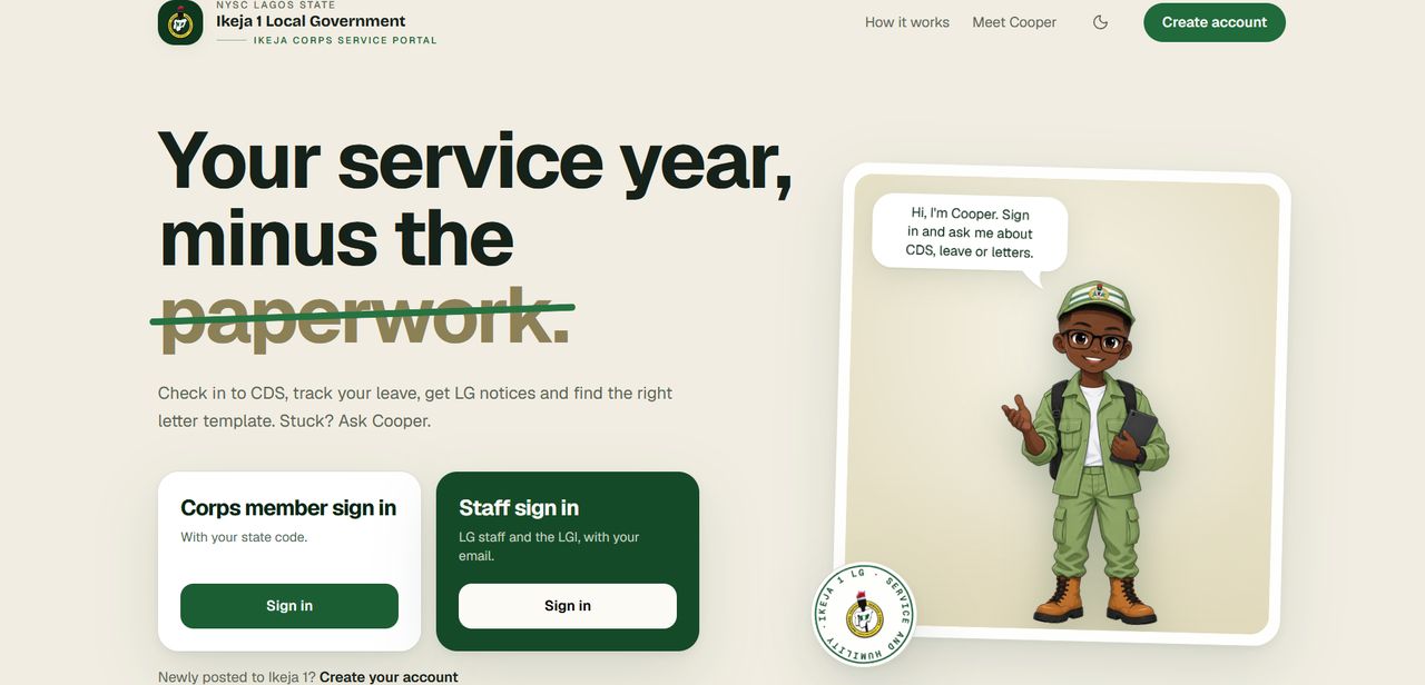 Ikeja Corps Service Portal landing page: the headline Your service year, minus the paperwork, sign-in cards for corps members and staff, and Cooper the assistant in NYSC uniform