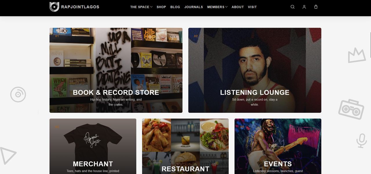 RapJointLagos home page: black header with the RAPJOINTLAGOS wordmark above photo tiles for the book and record store, listening lounge, merchandise, restaurant and events