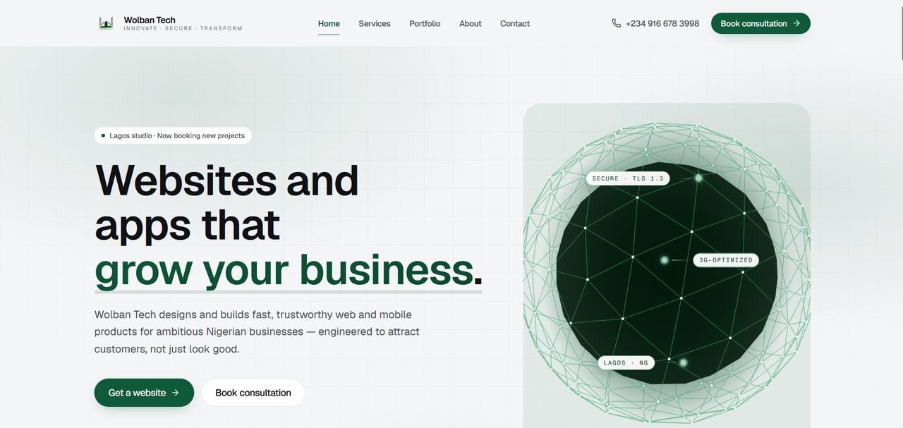 Wolban Tech home page: the headline Websites and apps that grow your business, Get a website and Book consultation buttons, and a green wireframe globe tagged Secure, 3G-optimized and Lagos
